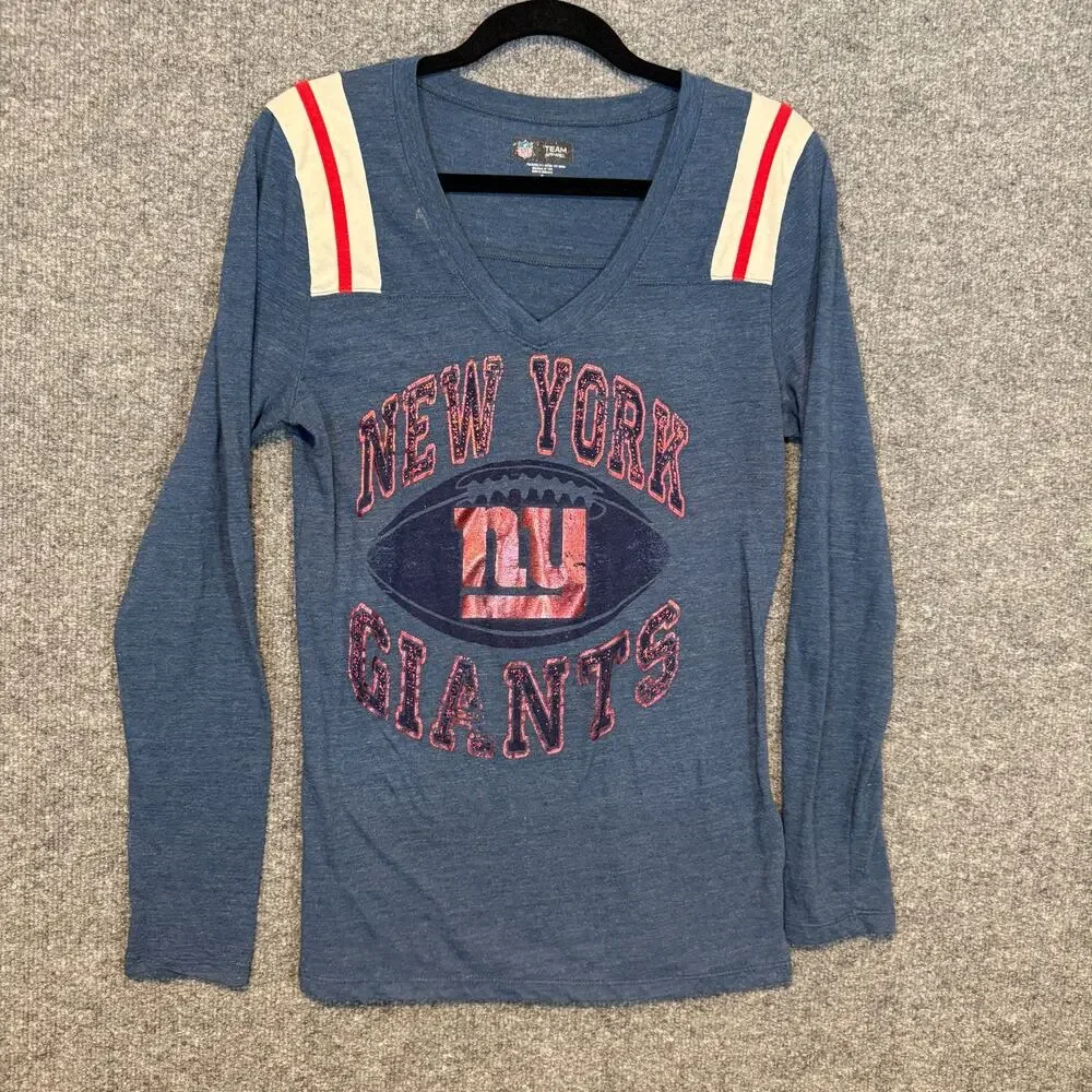 New York Giants Shirt Womens Medium‎ Blue Vneck Long Sleeve Stretch NFL Football